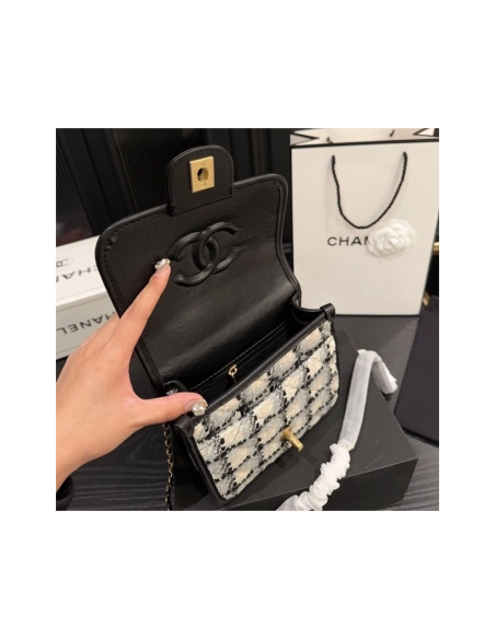 CHANEL Tweed Calfskin School Memory Mini Top Handle Flap Ecru Grey Beige Black,CHANEL,BAGS
