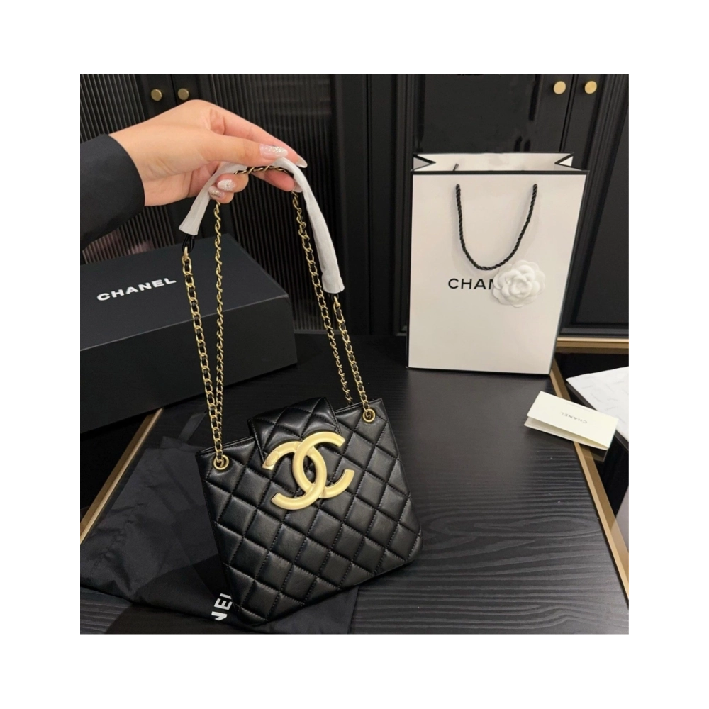 Chanel WomenS Bag 24C Series Diamond Lambskin Large LOGO Chain Bag Shoulder Crossbody Bag AS4596 Black,CHANEL,BAGS
