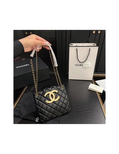 Chanel WomenS Bag 24C Series Diamond Lambskin Large LOGO Chain Bag Shoulder Crossbody Bag AS4596 Black,CHANEL,BAGS