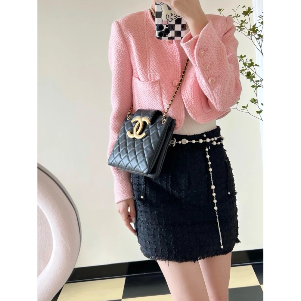 Chanel WomenS Bag 24C Series Diamond Lambskin Large LOGO Chain Bag Shoulder Crossbody Bag AS4596 Black,CHANEL,BAGS