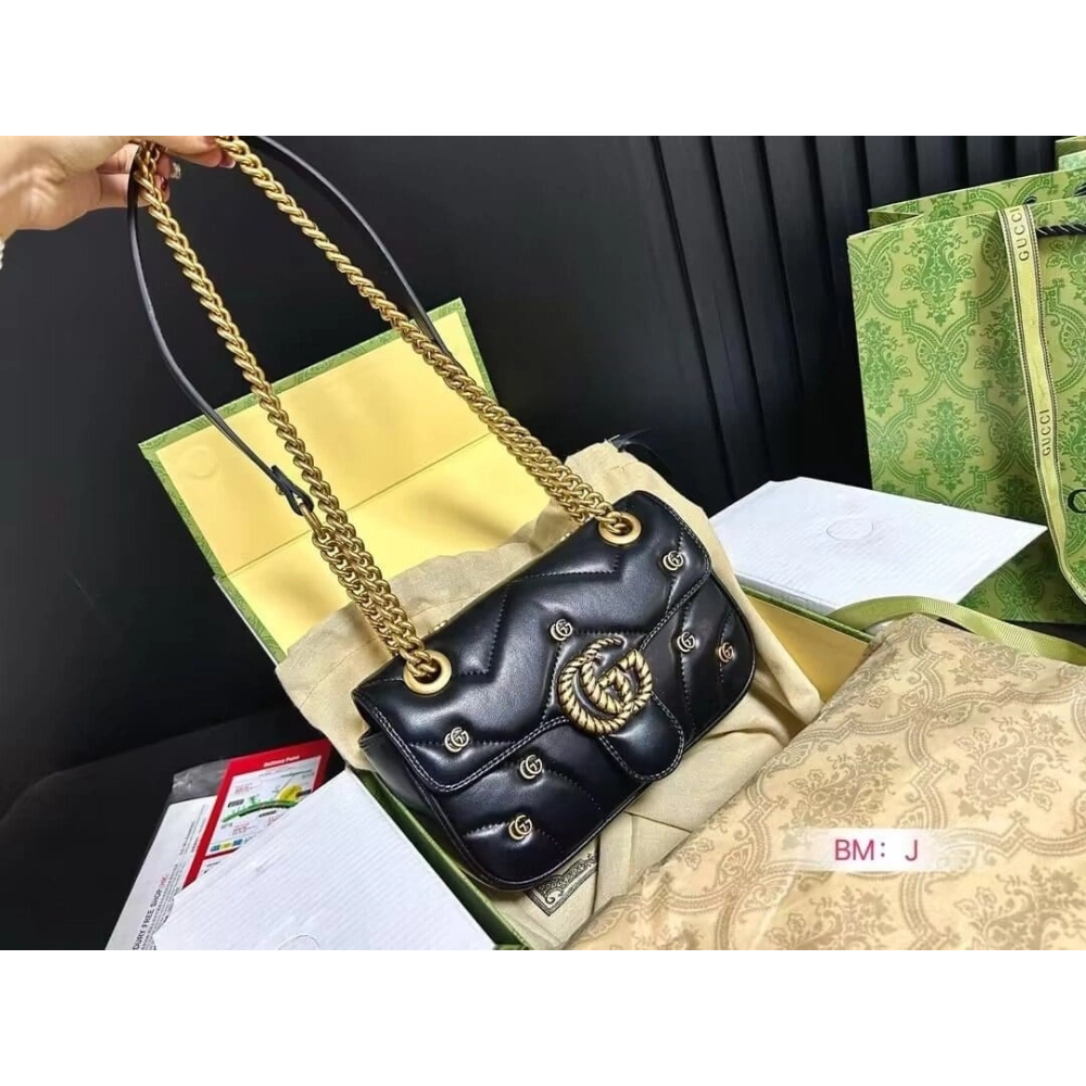 GUCCI MARMONT SMALL SHOULDER BAG BLACK,GUCCI,BAGS