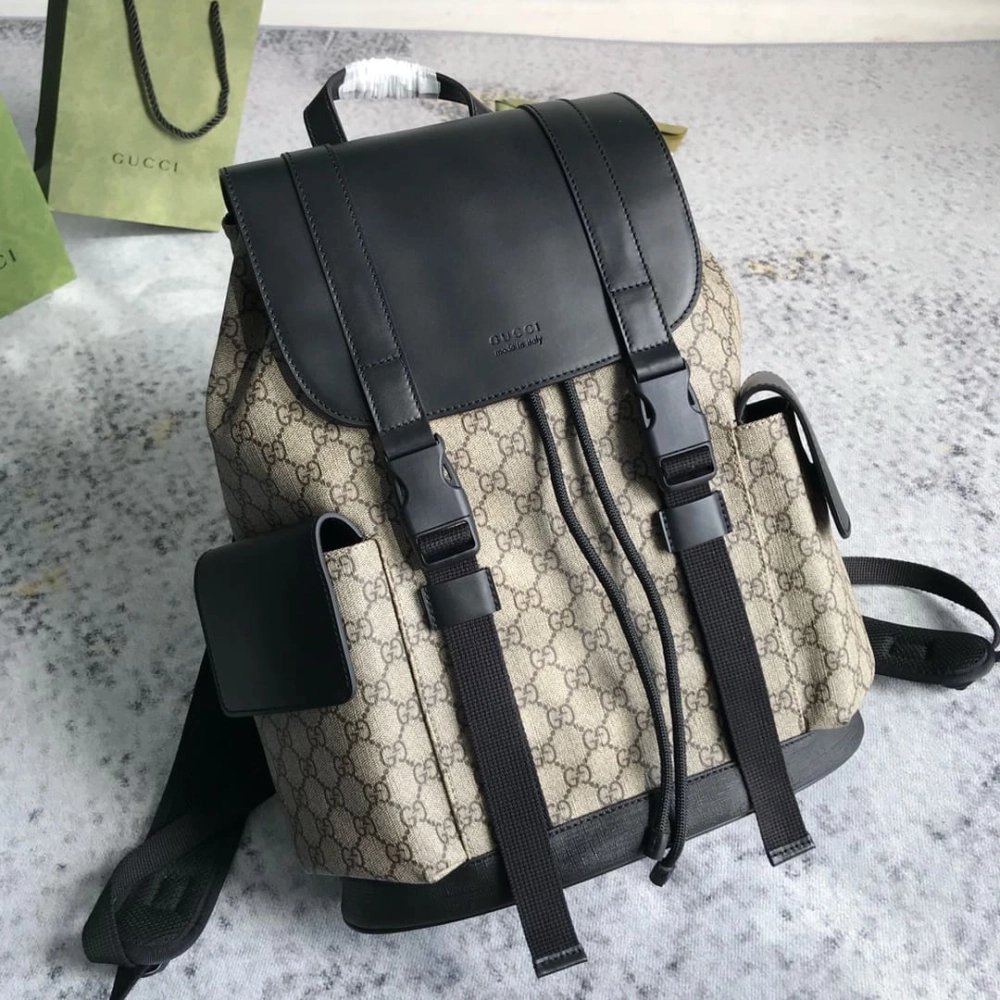 GUCCI Supreme Monogram Double Buckle Backpack Beige Black,GUCCI,BAGS