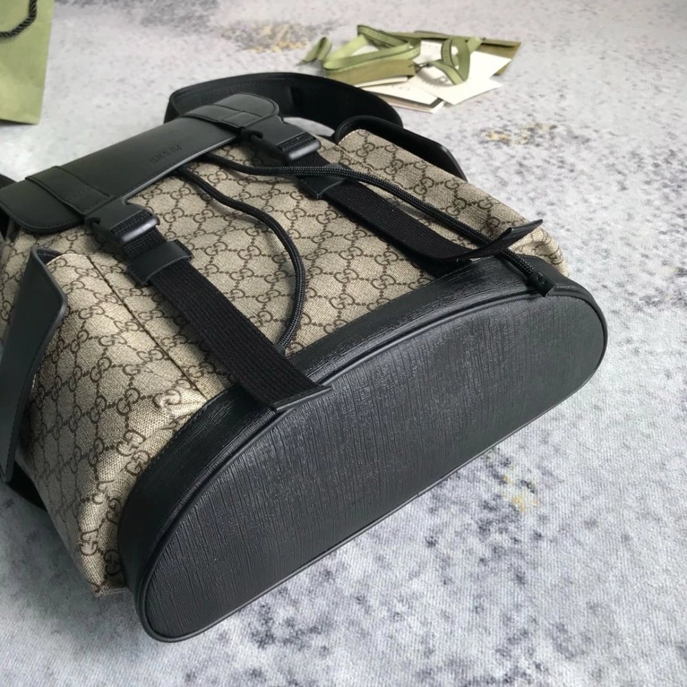 GUCCI Supreme Monogram Double Buckle Backpack Beige Black,GUCCI,BAGS