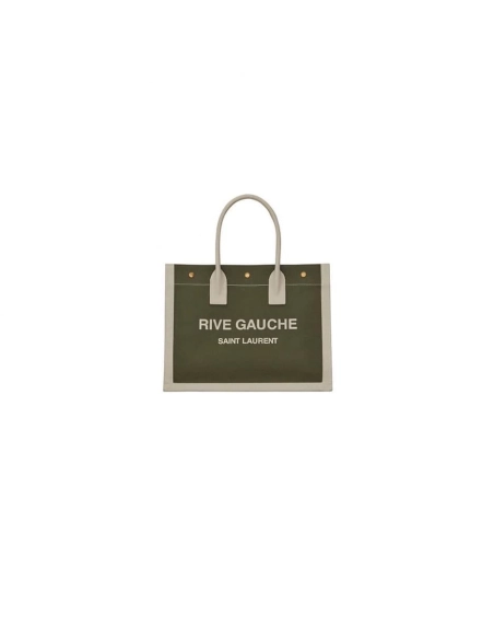 RIVE GAUCHE SMALL TOTE BAG IN LINEN AND LEATHER,YSL,BAGS