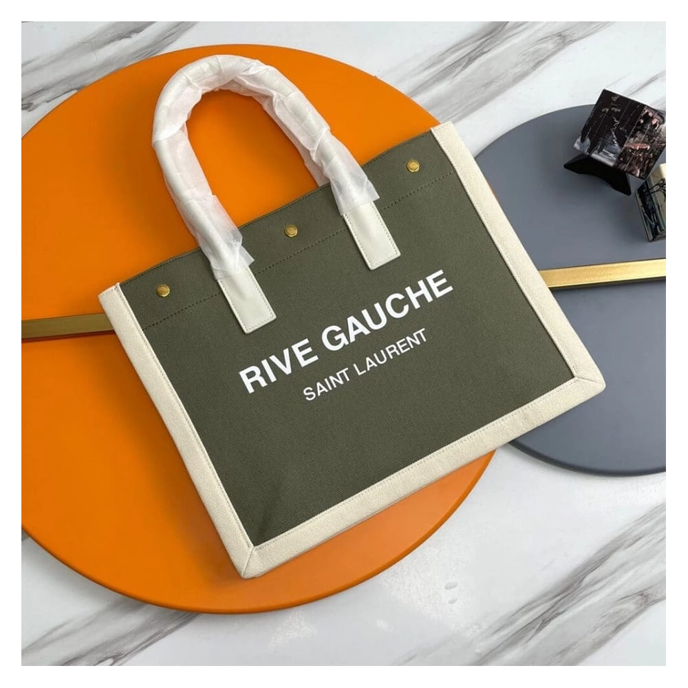 RIVE GAUCHE SMALL TOTE BAG IN LINEN AND LEATHER,YSL,BAGS