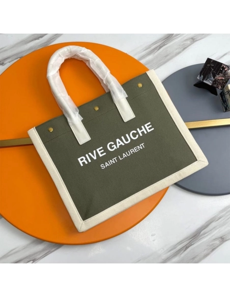 RIVE GAUCHE SMALL TOTE BAG IN LINEN AND LEATHER,YSL,BAGS