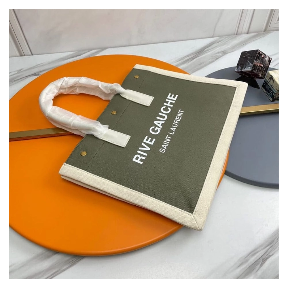 RIVE GAUCHE SMALL TOTE BAG IN LINEN AND LEATHER,YSL,BAGS