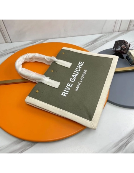 RIVE GAUCHE SMALL TOTE BAG IN LINEN AND LEATHER,YSL,BAGS