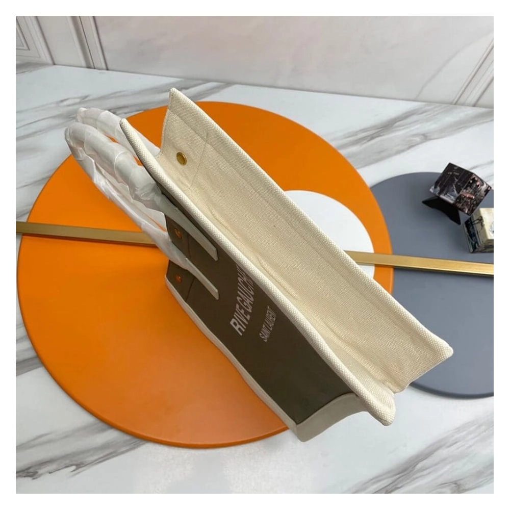 RIVE GAUCHE SMALL TOTE BAG IN LINEN AND LEATHER,YSL,BAGS