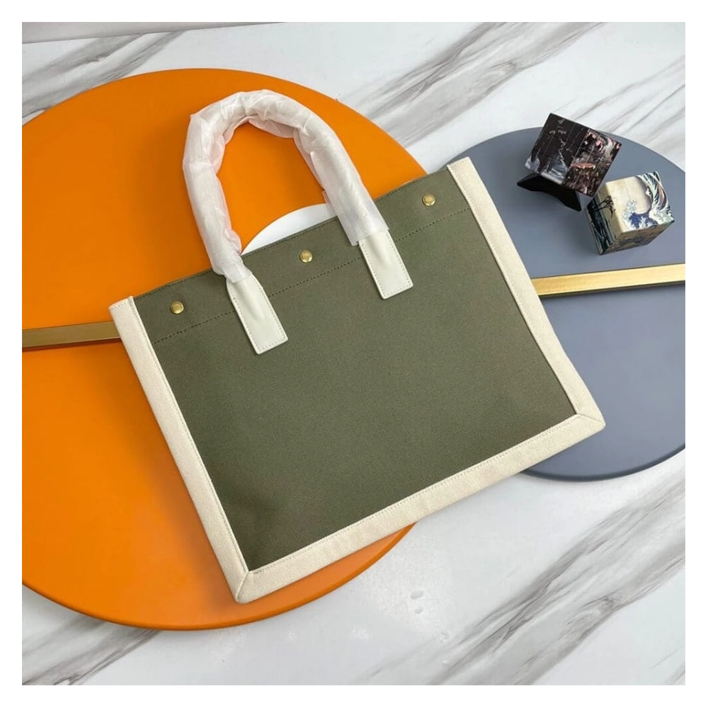 RIVE GAUCHE SMALL TOTE BAG IN LINEN AND LEATHER,YSL,BAGS