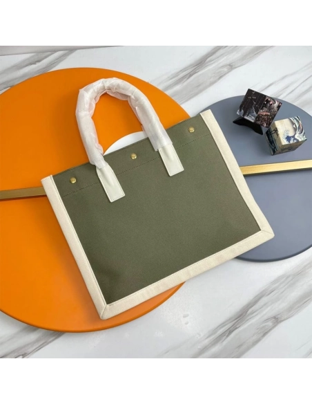 RIVE GAUCHE SMALL TOTE BAG IN LINEN AND LEATHER,YSL,BAGS