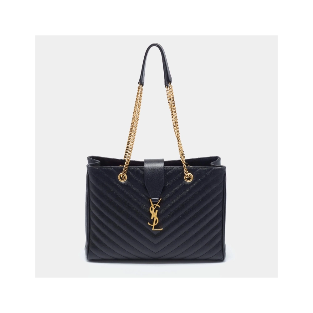 Saint Laurent Black Chevron Leather Monogram Chain Cassandre Tote,YSL,BAGS