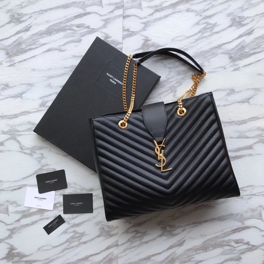 Saint Laurent Black Chevron Leather Monogram Chain Cassandre Tote,YSL,BAGS