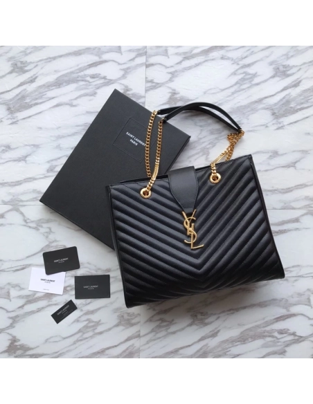 Saint Laurent Black Chevron Leather Monogram Chain Cassandre Tote,YSL,BAGS