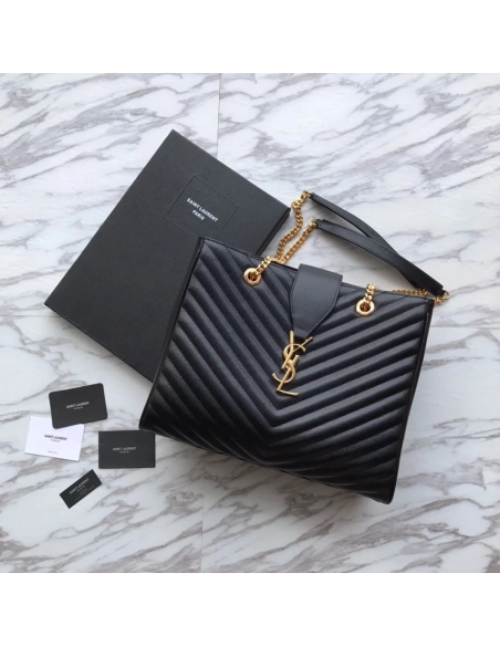 Saint Laurent Black Chevron Leather Monogram Chain Cassandre Tote,YSL,BAGS