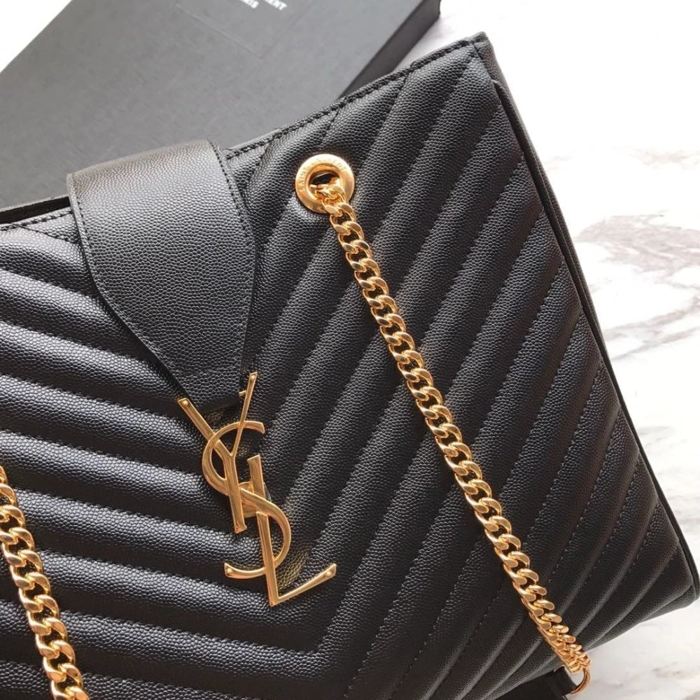 Saint Laurent Black Chevron Leather Monogram Chain Cassandre Tote,YSL,BAGS