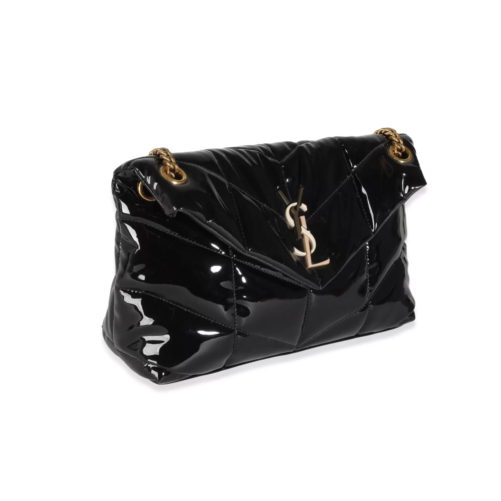Saint Laurent Black Quilted Patent Small Lou Puffer Chain Bag,YSL,BAGS