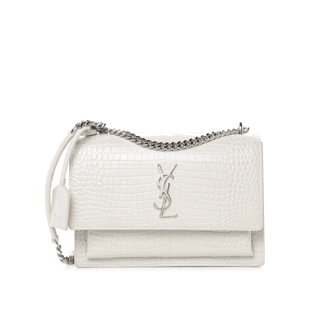 SAINT LAURENT Calfskin Crocodile Embossed Medium Monogram Sunset Icy White,YSL,BAGS