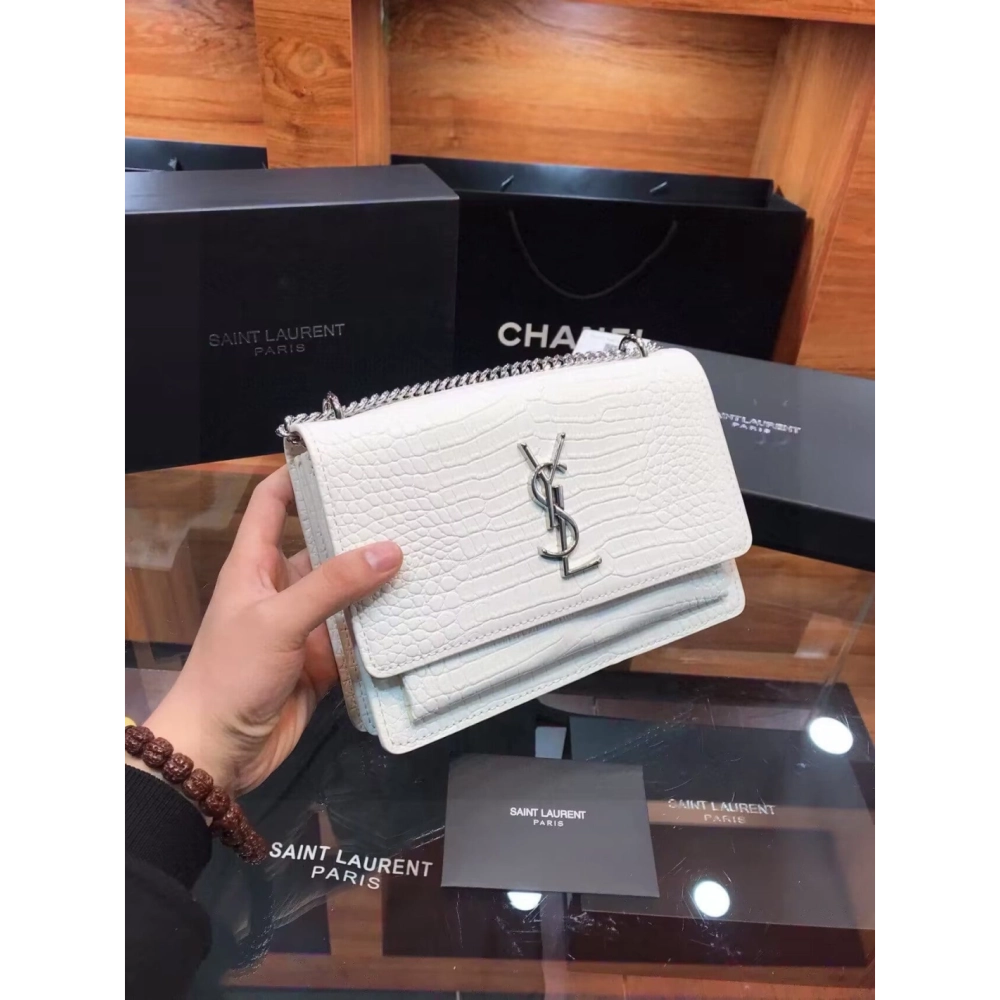 SAINT LAURENT Calfskin Crocodile Embossed Medium Monogram Sunset Icy White,YSL,BAGS