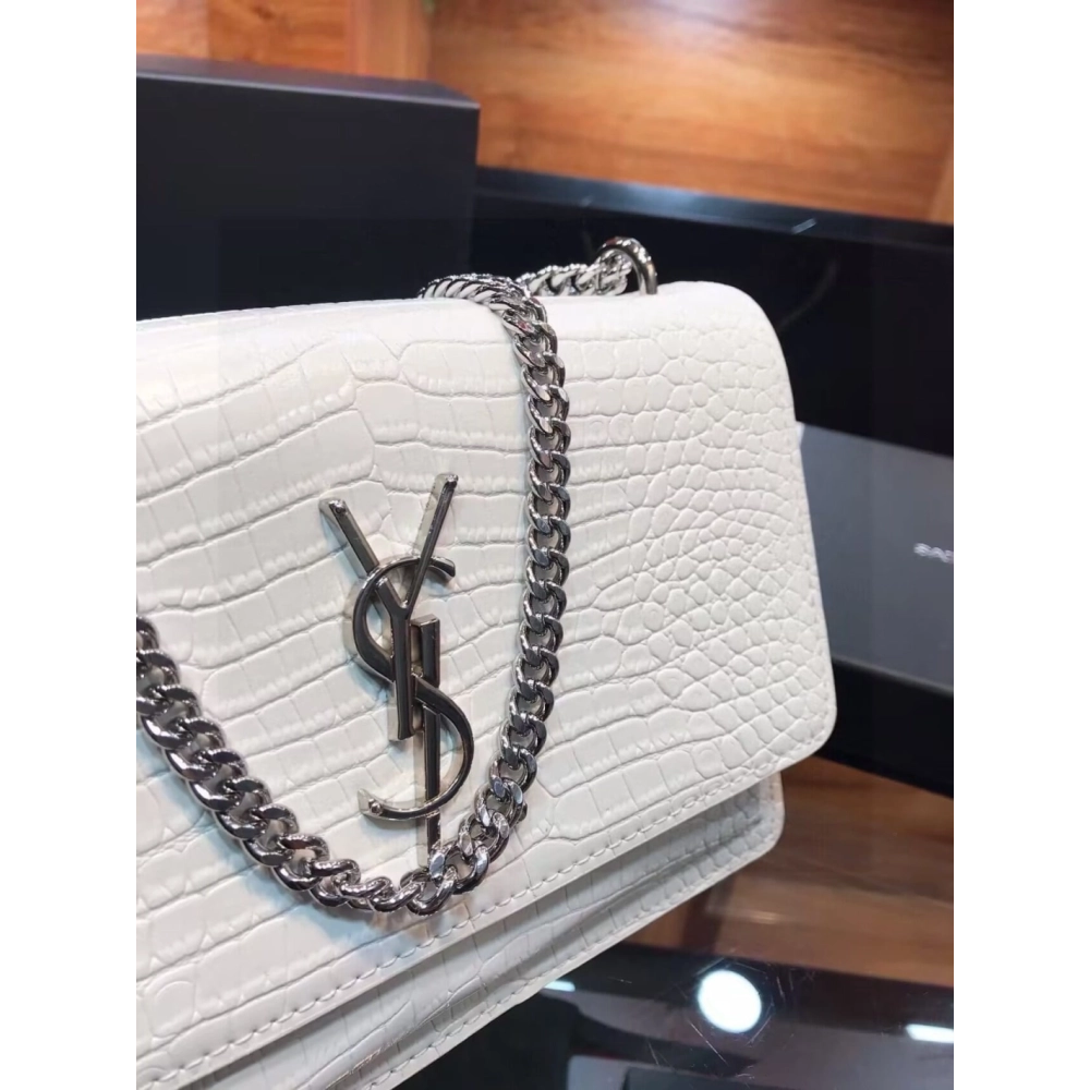 SAINT LAURENT Calfskin Crocodile Embossed Medium Monogram Sunset Icy White,YSL,BAGS