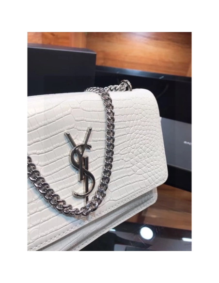 SAINT LAURENT Calfskin Crocodile Embossed Medium Monogram Sunset Icy White,YSL,BAGS