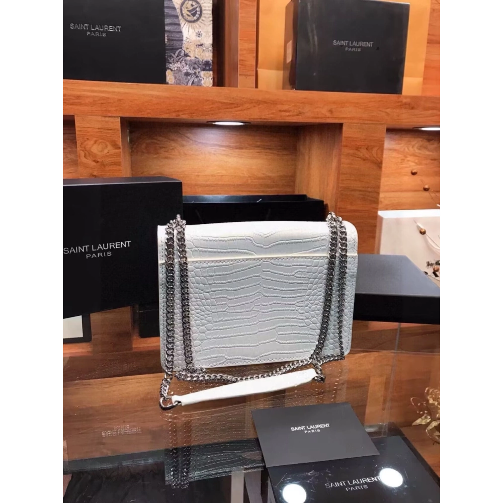 SAINT LAURENT Calfskin Crocodile Embossed Medium Monogram Sunset Icy White,YSL,BAGS