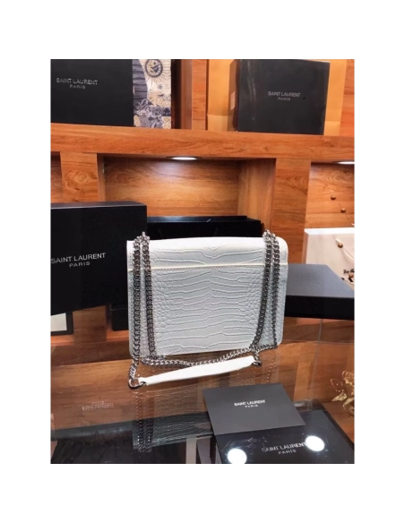 SAINT LAURENT Calfskin Crocodile Embossed Medium Monogram Sunset Icy White,YSL,BAGS