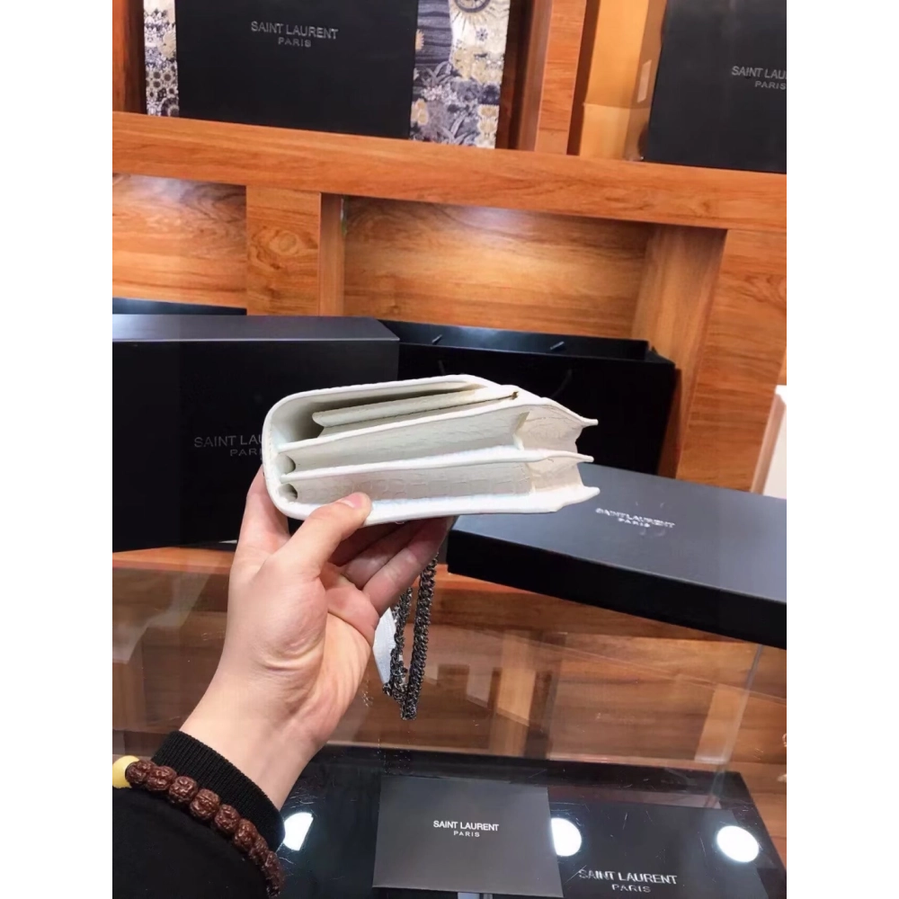 SAINT LAURENT Calfskin Crocodile Embossed Medium Monogram Sunset Icy White,YSL,BAGS