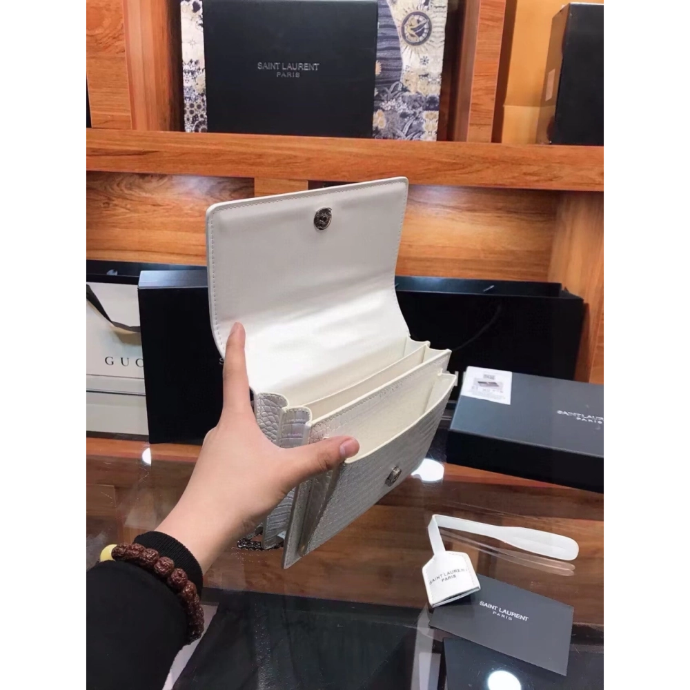 SAINT LAURENT Calfskin Crocodile Embossed Medium Monogram Sunset Icy White,YSL,BAGS