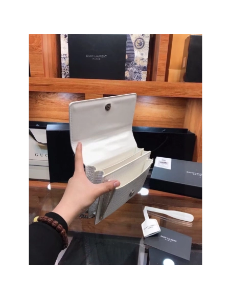 SAINT LAURENT Calfskin Crocodile Embossed Medium Monogram Sunset Icy White,YSL,BAGS