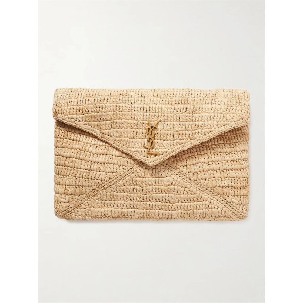Saint Laurent Cassandre Large Envelope Pouch In Raffia,YSL,BAGS
