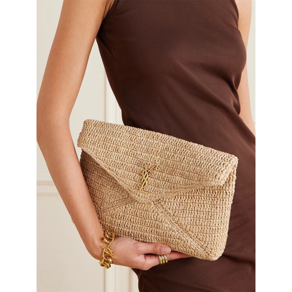 Saint Laurent Cassandre Large Envelope Pouch In Raffia,YSL,BAGS