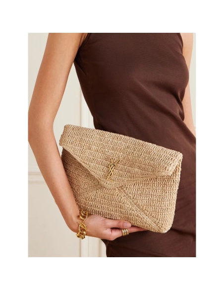 Saint Laurent Cassandre Large Envelope Pouch In Raffia,YSL,BAGS