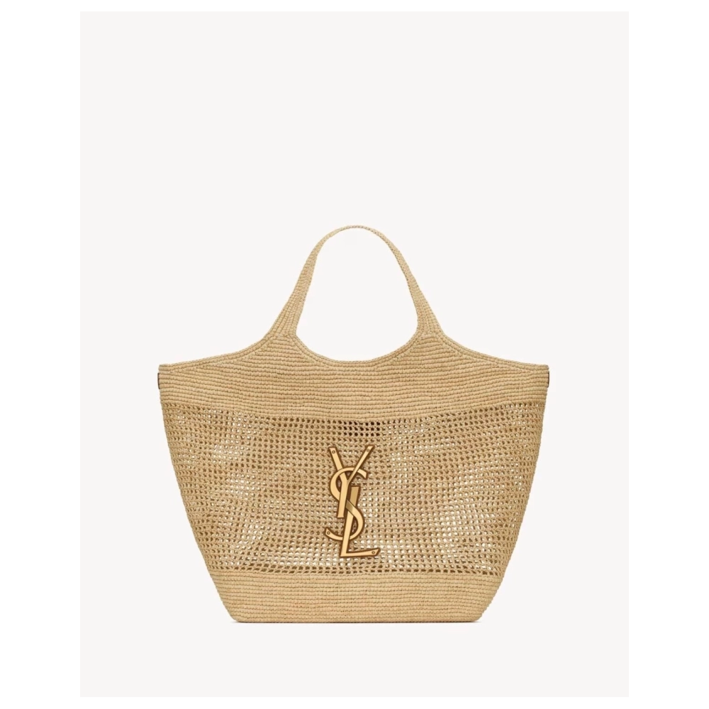SAINT LAURENT ICARE IN RAFFIA NATUREL AND BROWN GOLD,YSL,BAGS