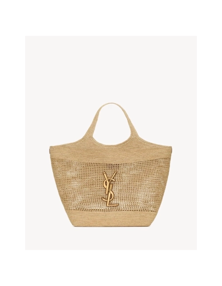 SAINT LAURENT ICARE IN RAFFIA NATUREL AND BROWN GOLD,YSL,BAGS