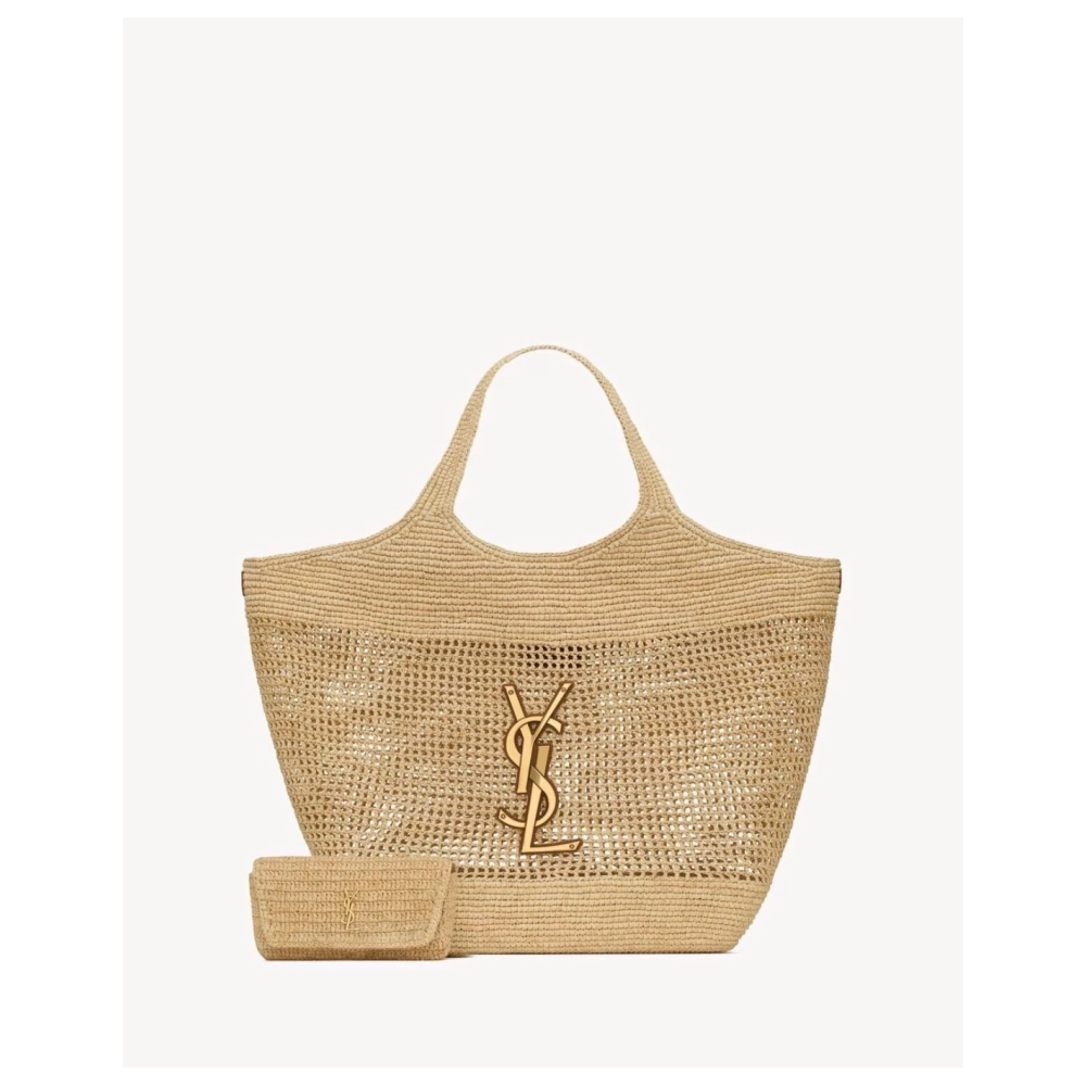 SAINT LAURENT ICARE IN RAFFIA NATUREL AND BROWN GOLD,YSL,BAGS