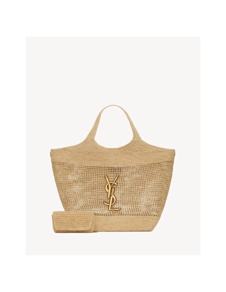 SAINT LAURENT ICARE IN RAFFIA NATUREL AND BROWN GOLD,YSL,BAGS