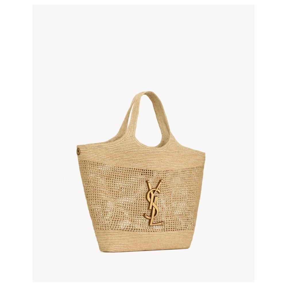 SAINT LAURENT ICARE IN RAFFIA NATUREL AND BROWN GOLD,YSL,BAGS