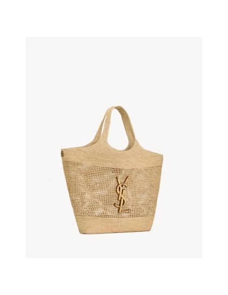 SAINT LAURENT ICARE IN RAFFIA NATUREL AND BROWN GOLD,YSL,BAGS