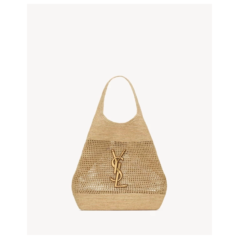 SAINT LAURENT ICARE IN RAFFIA NATUREL AND BROWN GOLD,YSL,BAGS
