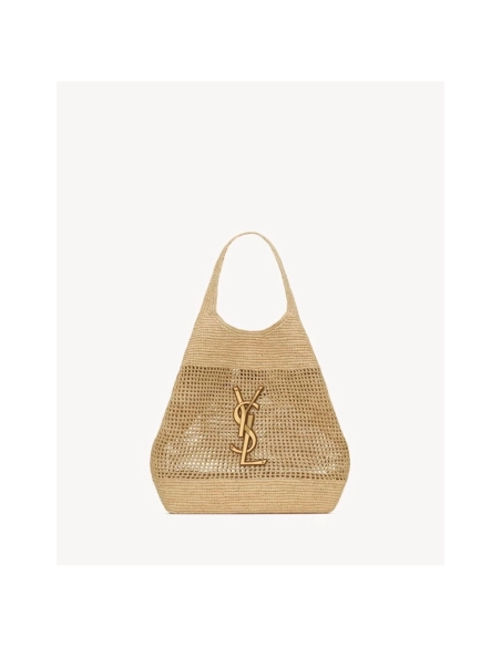 SAINT LAURENT ICARE IN RAFFIA NATUREL AND BROWN GOLD,YSL,BAGS
