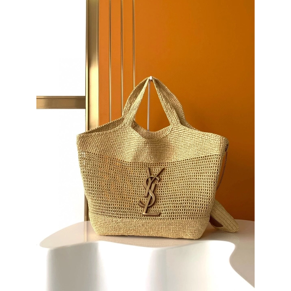 SAINT LAURENT ICARE IN RAFFIA NATUREL AND BROWN GOLD,YSL,BAGS