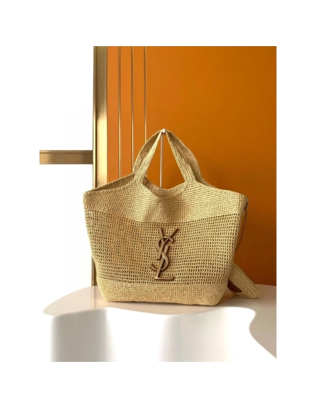 SAINT LAURENT ICARE IN RAFFIA NATUREL AND BROWN GOLD,YSL,BAGS