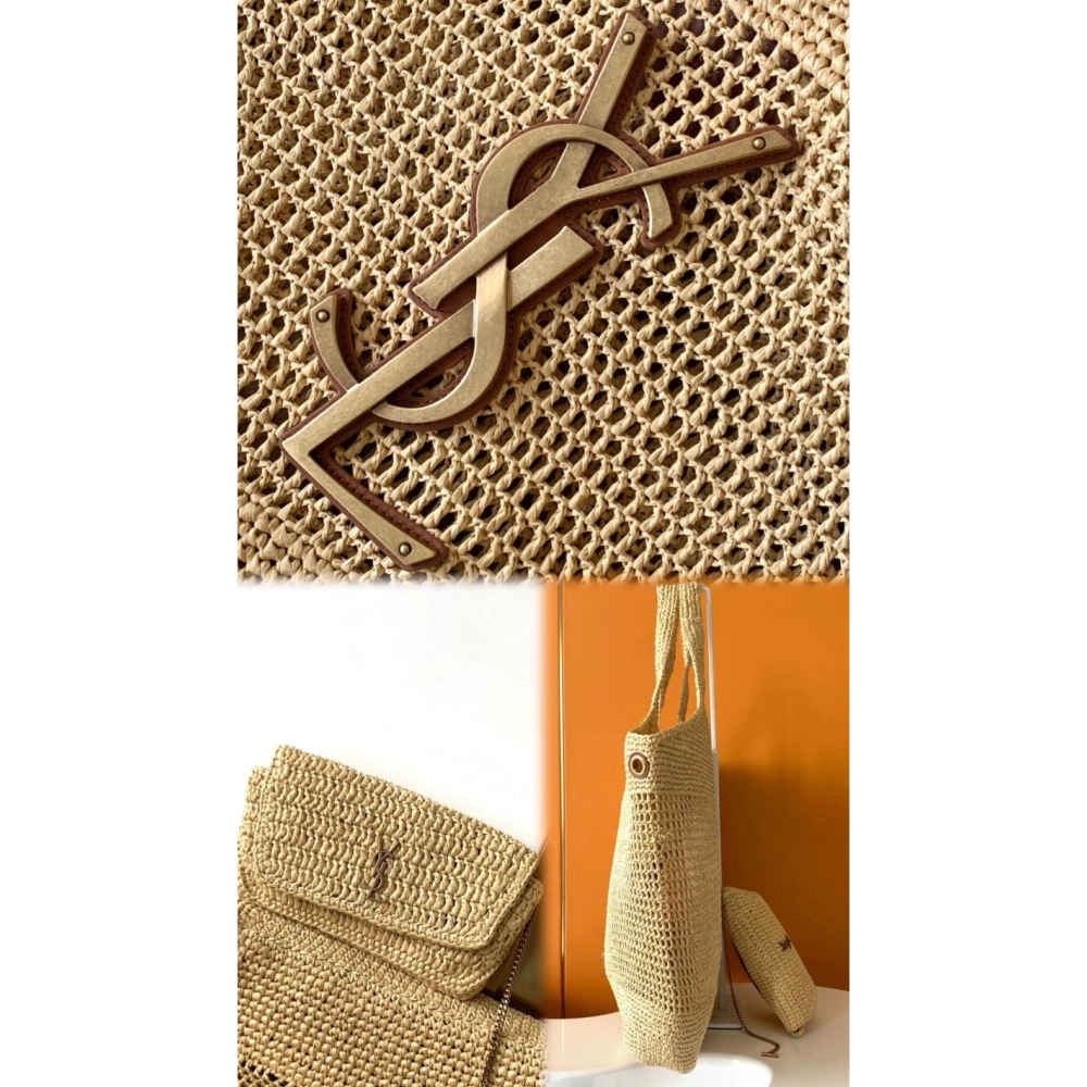 SAINT LAURENT ICARE IN RAFFIA NATUREL AND BROWN GOLD,YSL,BAGS