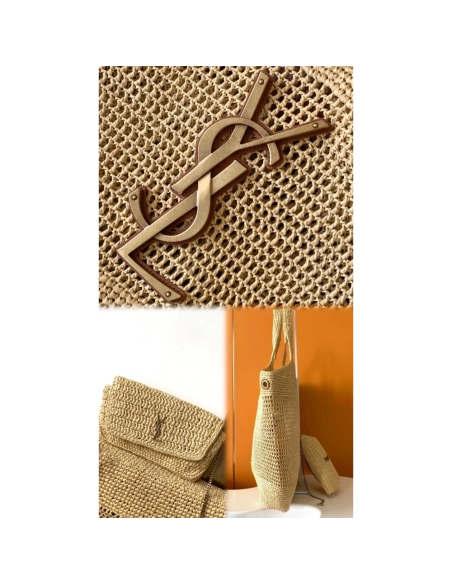 SAINT LAURENT ICARE IN RAFFIA NATUREL AND BROWN GOLD,YSL,BAGS