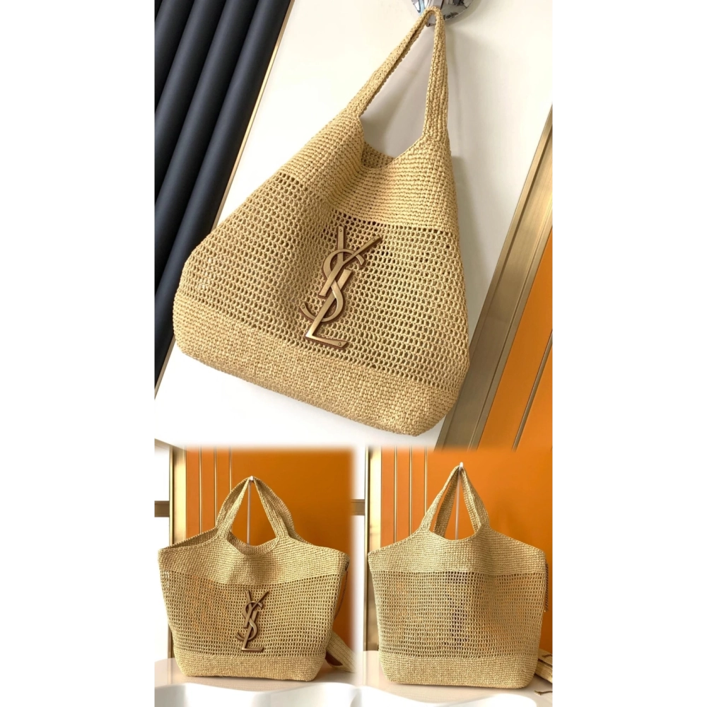 SAINT LAURENT ICARE IN RAFFIA NATUREL AND BROWN GOLD,YSL,BAGS