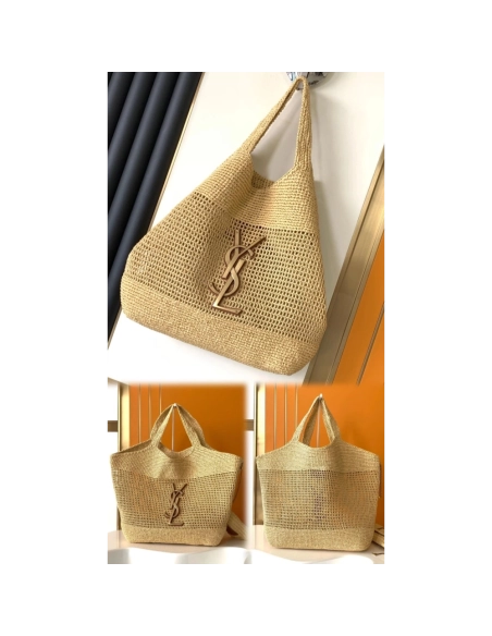 SAINT LAURENT ICARE IN RAFFIA NATUREL AND BROWN GOLD,YSL,BAGS