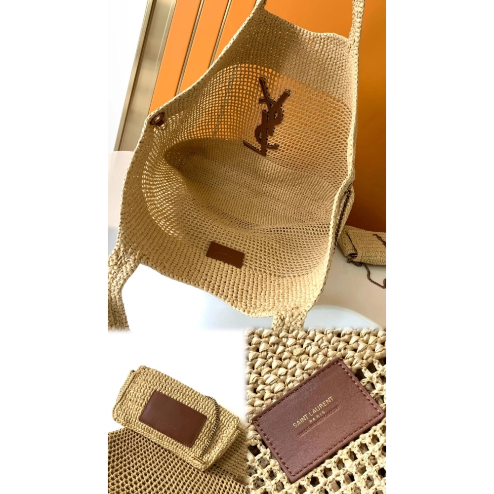 SAINT LAURENT ICARE IN RAFFIA NATUREL AND BROWN GOLD,YSL,BAGS