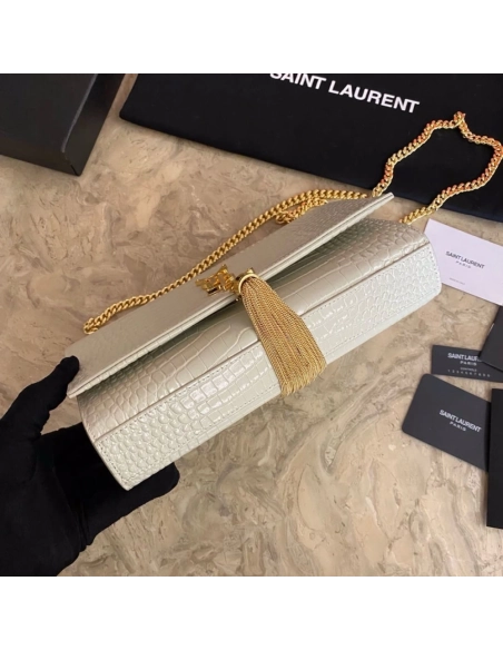 Saint Laurent KATE Medium Fringed Crocodile Embossed Leather Bag,YSL,BAGS