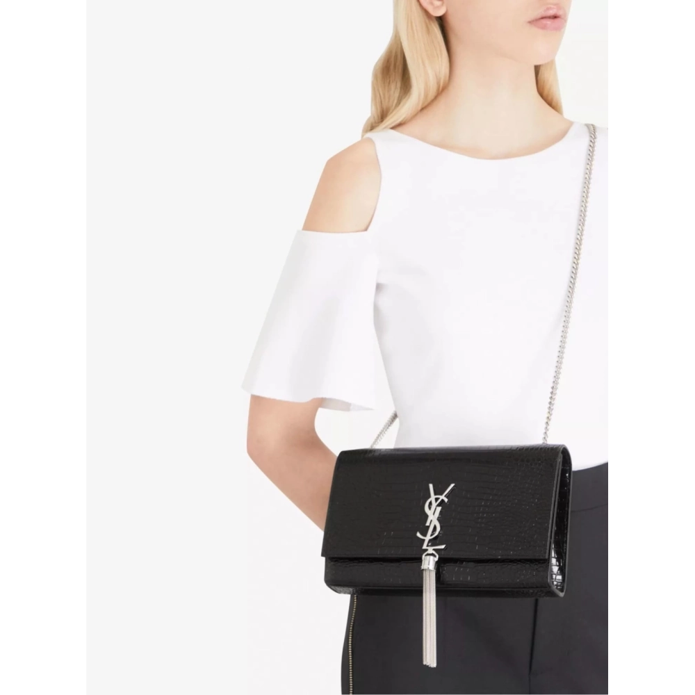 SAINT LAURENT Kate Monogram Croc Embossed Leather Shoulder Bag,YSL,BAGS